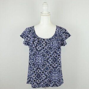 Forever 21 Women's Small Blue White Floral Scoop Neck Flutter Sleeve Blouse